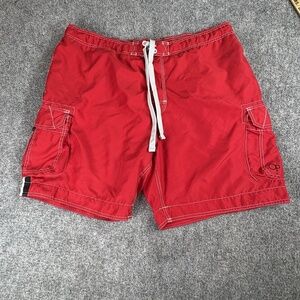 Vintage Y2K OP Men 2XL Red Cargo Swim‎ Trunks Board Shorts Drawstring Lined Surf